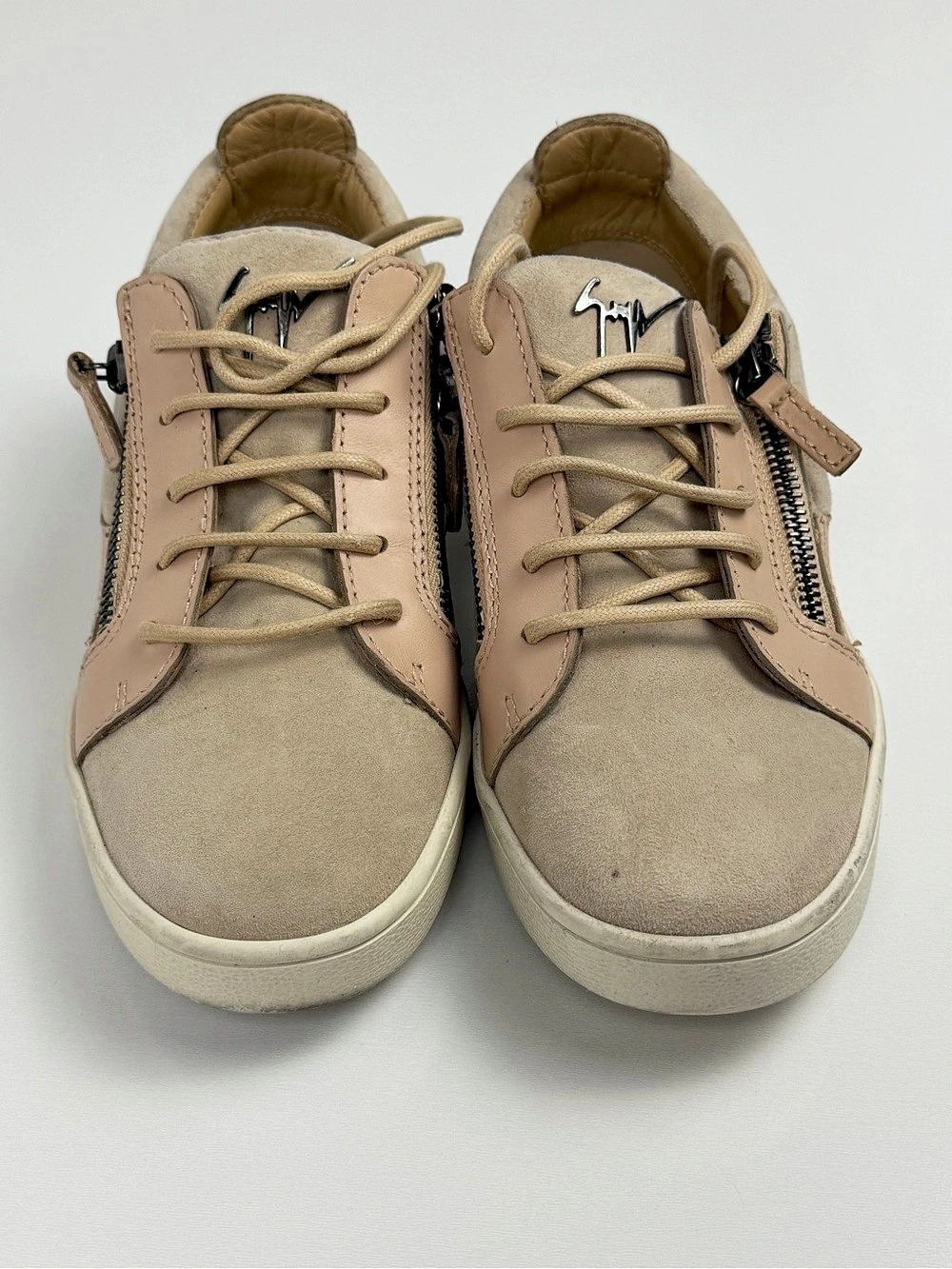 Giuseppe Zanotti Sneakers 37.5 Nude Blush Suede Leather Zip Low Top